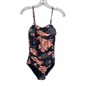 Yonique One-Piece Swimsuit Adjustable Straps Floral Black Coral Size XS New